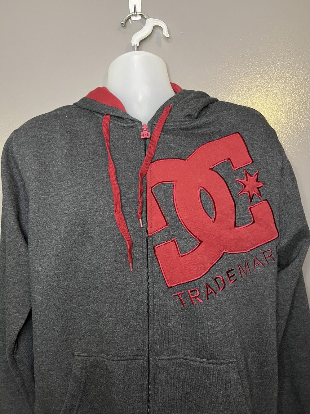 DC Shoes Hoodie Mens Large Gray Full Zip Fleece Big Logo Graphic Sweatshirt